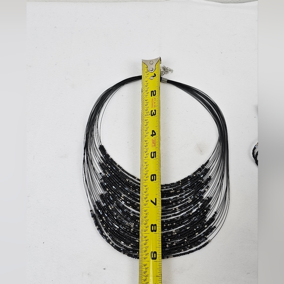 Multi Layer Beaded Necklace And Earring Set Statement Jewelry Black W Blue NEW - Picture 5 of 7